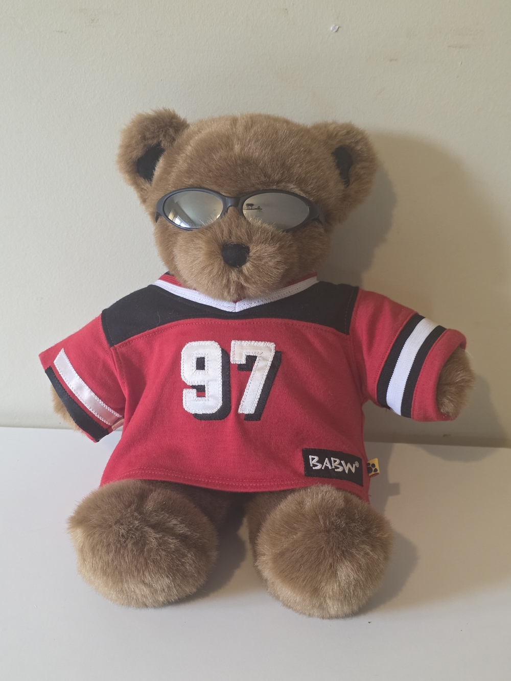 Build-A-Bear Brown Teddy with Red & Black Jersey and Sunglasses